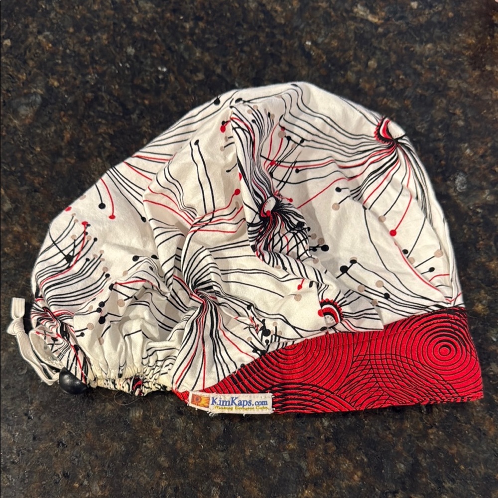 KimKaps Kids Scrub Cap - White with Red & Black Pattern